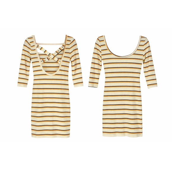 Striped Ribbed Knit Bodycon Mini Dress Scoop Neck Crisscross Open Back Cream - Picture 2 of 2